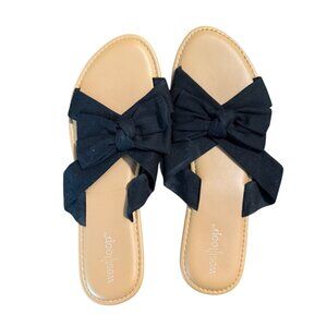 Black Knot Bow Slide Sandals Womens Size L 9/10 West Loop Fabric Upper Slip-On S